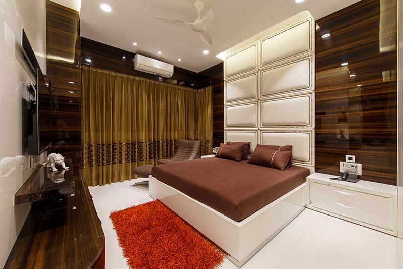 White Wooden Bed With Red Soft Carpet by Sagar Shah Bedroom Contemporary | Interior Design Photos & Ideas