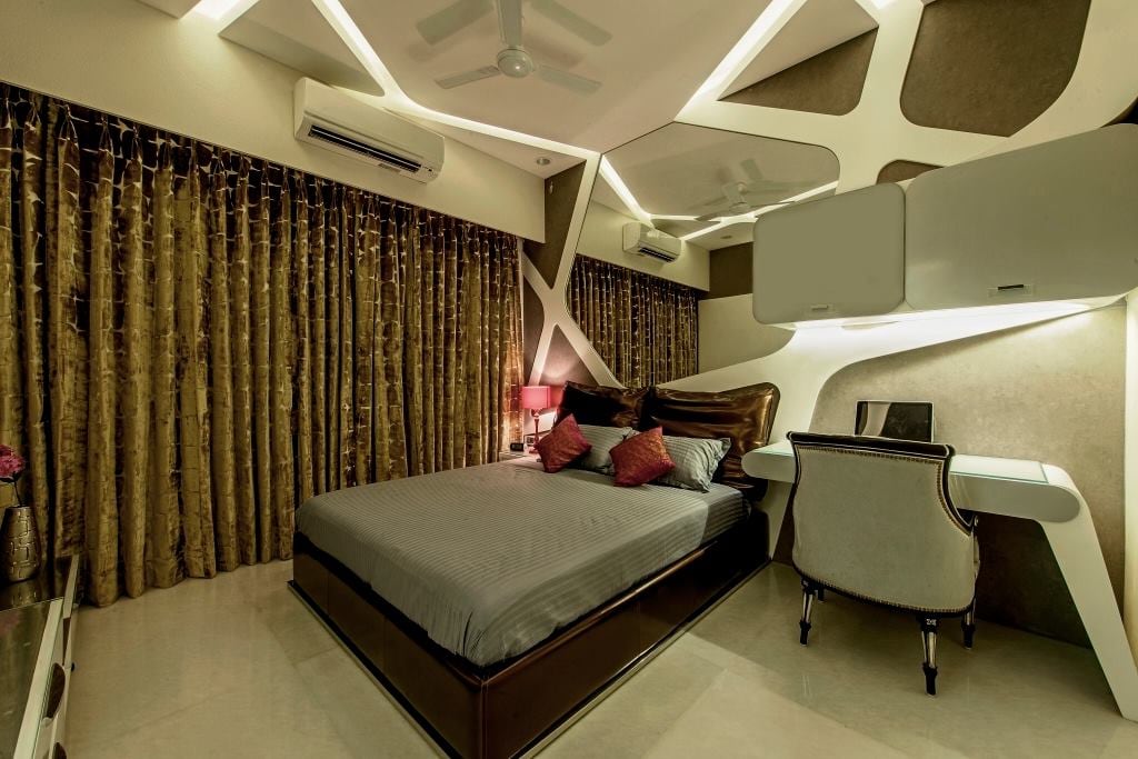 Brown Wooden Bed With White Study Table by Sagar Shah Bedroom Contemporary | Interior Design Photos & Ideas