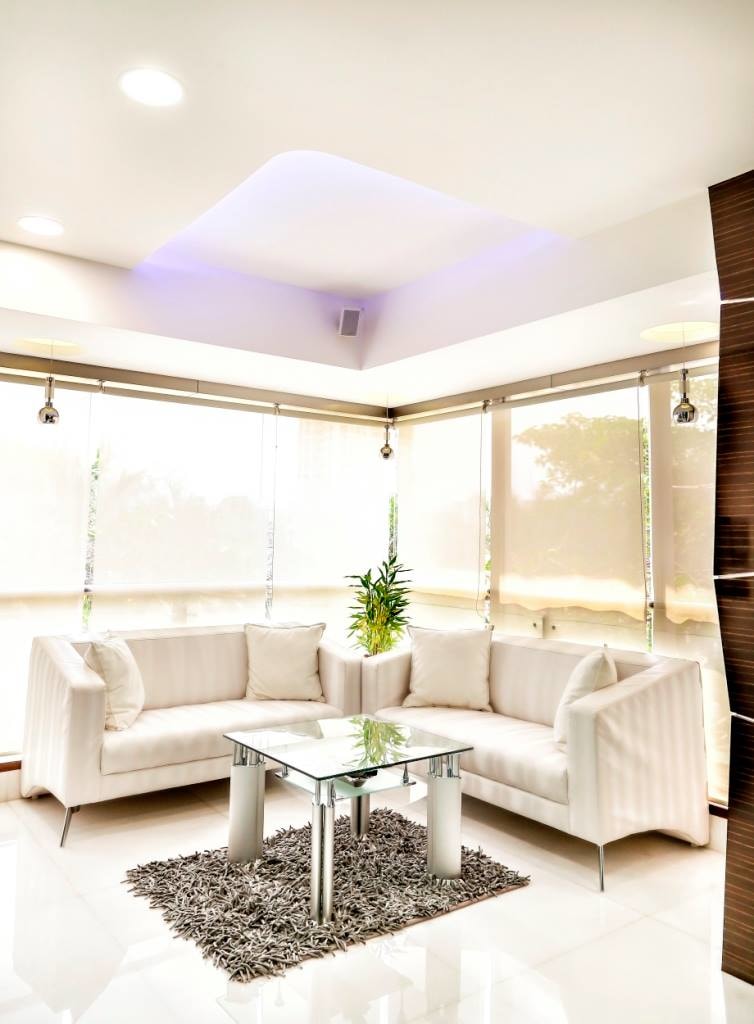 White Tuxedo Sofas With Grey Carpet by Sagar Shah Living-room Minimalistic | Interior Design Photos & Ideas