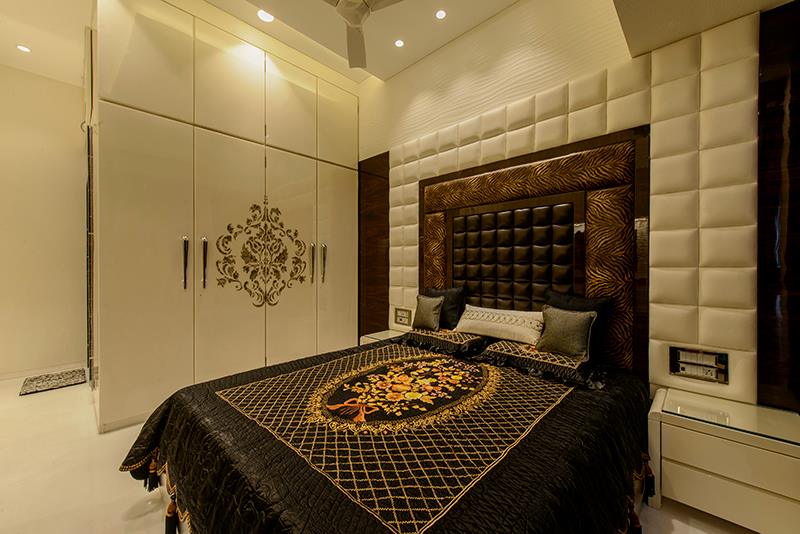Brown Cushioned Head Cover With White Fitted Wardrobe by Sagar Shah Bedroom Contemporary | Interior Design Photos & Ideas