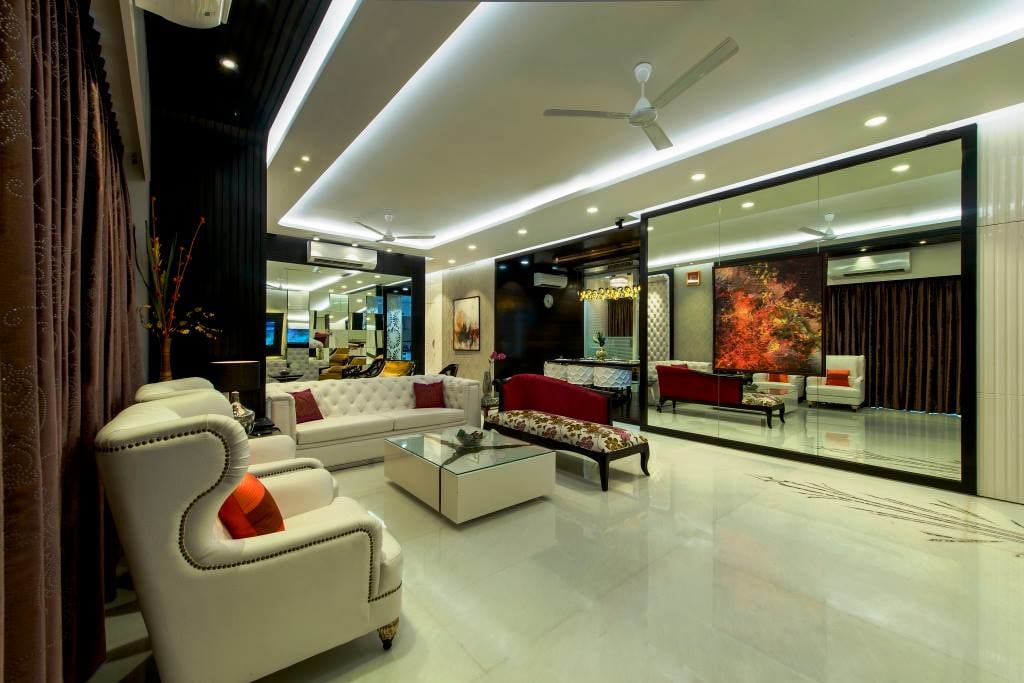 White Winged Chairs With Glass Top Centre Table by Sagar Shah Living-room Minimalistic | Interior Design Photos & Ideas