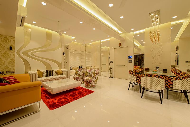Beige Sofa With White Centre Table and Red Carpet by Sagar Shah Living-room Contemporary | Interior Design Photos & Ideas