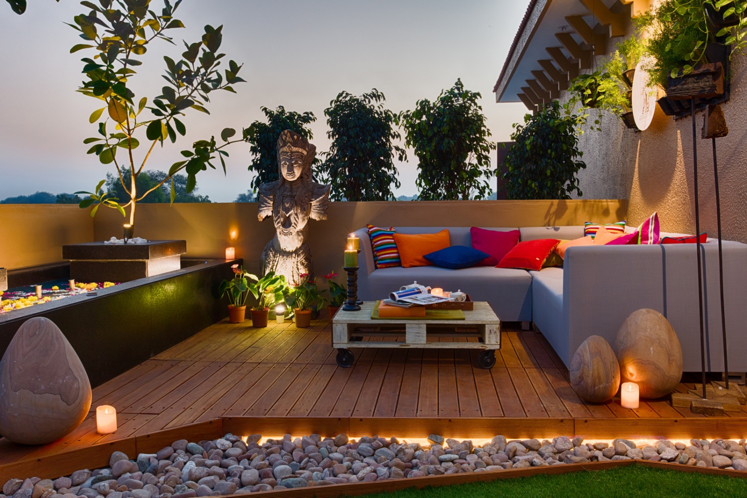 Cornflower Blue L-Shape Couch And Wooden Deck On Elegant Terrace by Dhaval Patel Open-spaces Contemporary | Interior Design Photos & Ideas