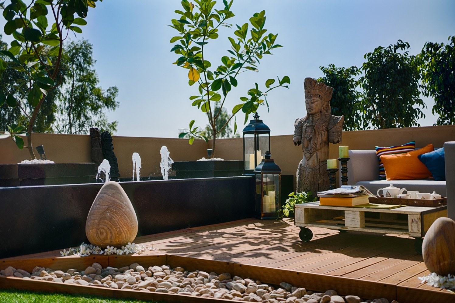 Open terrace with Wooden Deck and Fountain by Dhaval Patel Open-spaces Contemporary | Interior Design Photos & Ideas