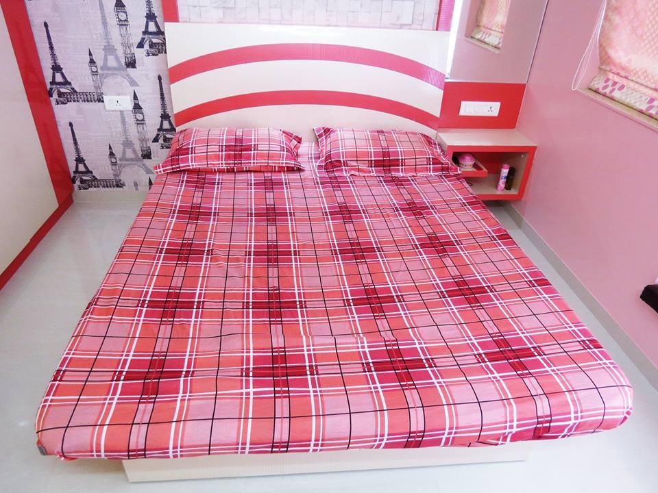 Pink And White Wooden Low rise bed with white headboard and french wall art by color's interio Bedroom Contemporary | Interior Design Photos & Ideas