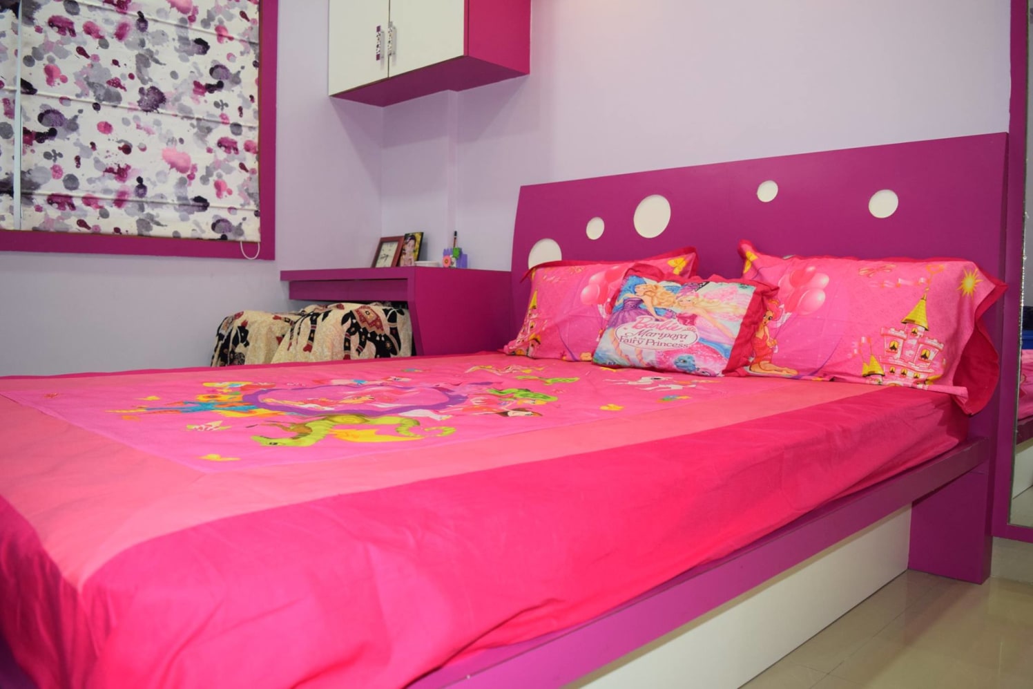 Pink framework bed with wooden headboard and pink study table by color's interio Bedroom Contemporary | Interior Design Photos & Ideas
