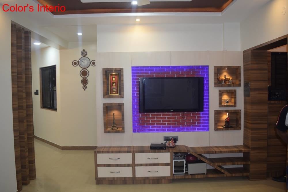 Brunette wooden Tv Display With Cabinets by color's interio Living-room Contemporary | Interior Design Photos & Ideas