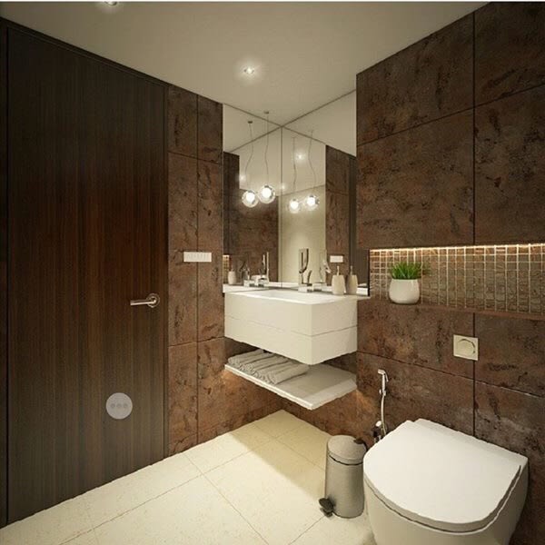 Bathroom with marble flooring and brown wall by kavita.dhotre Bathroom Modern | Interior Design Photos & Ideas