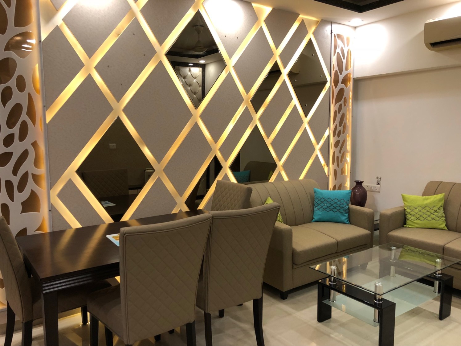Beige Shade Furniture With Glass Top Center Table In Living Room by Vaibhav gaba Living-room Contemporary | Interior Design Photos & Ideas
