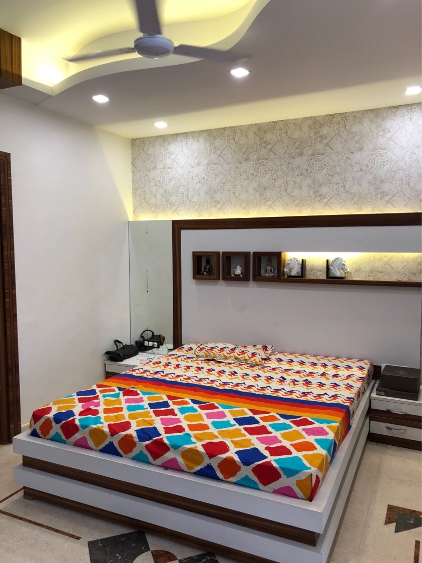 Artistic False Ceiling And Wooden Bed In Bedroom by Vaibhav gaba Bedroom Contemporary | Interior Design Photos & Ideas