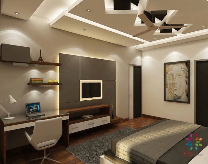 Wooden Study Table With Artistic False Ceiling In Bedroom by Vaibhav gaba Bedroom Contemporary | Interior Design Photos & Ideas