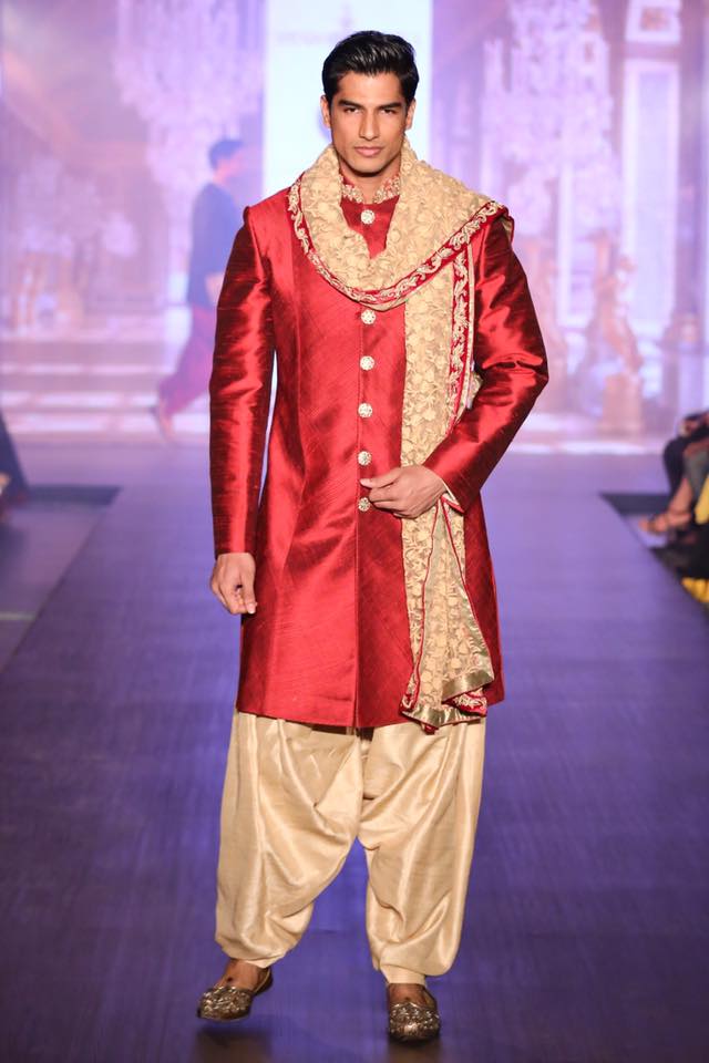 Crimson Red and Golden Groom's Sherwani by Shyamal & Bhumika Wedding-dresses | Weddings Photos & Ideas
