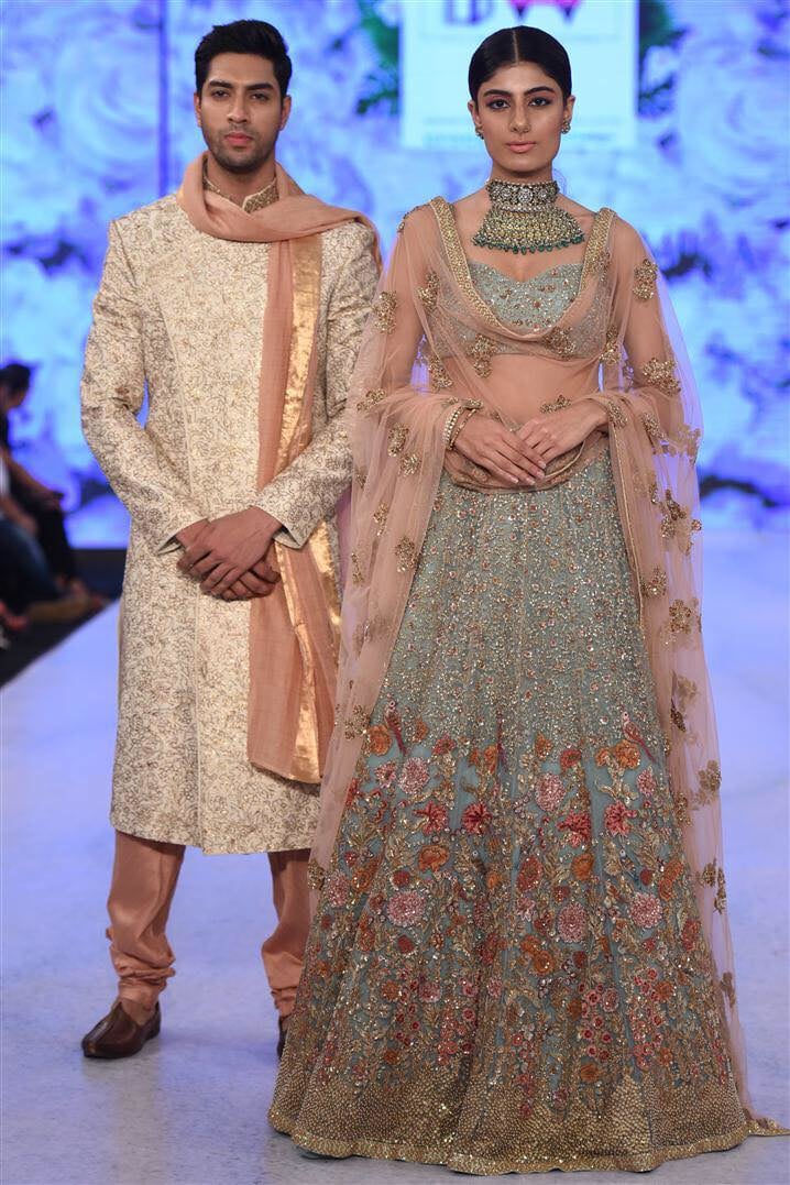 Heavily Embroidered Blue Lehenga And Peach Off White Sherwani by Shyamal & Bhumika Wedding-dresses Groom-wear-and-accessories | Weddings Photos & Ideas