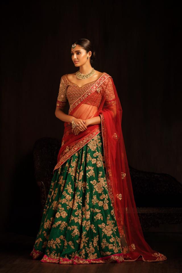 Green Embroided Lehenga With Red Dupatta by Shyamal & Bhumika Wedding-dresses | Weddings Photos & Ideas