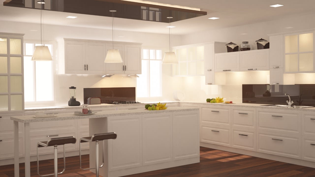 3 D L shaped island kitchen with white wall mounted cabinets and sitting area in the