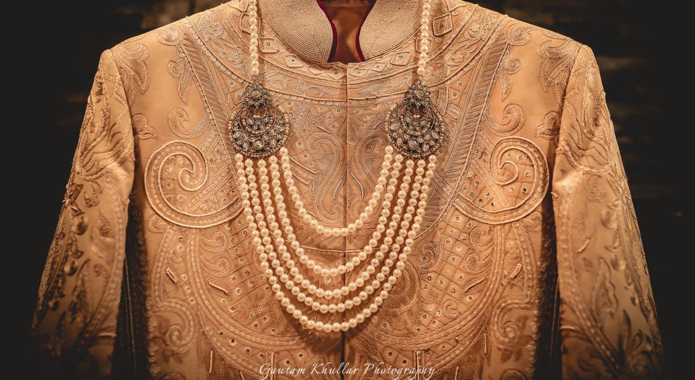 Stunning Beige High Collared Intricate Groom Sherwani With Exquisite Pearl Neckpiece by Gautam Khullar Wedding-photography Groom-wear-and-accessories | Weddings Photos & Ideas