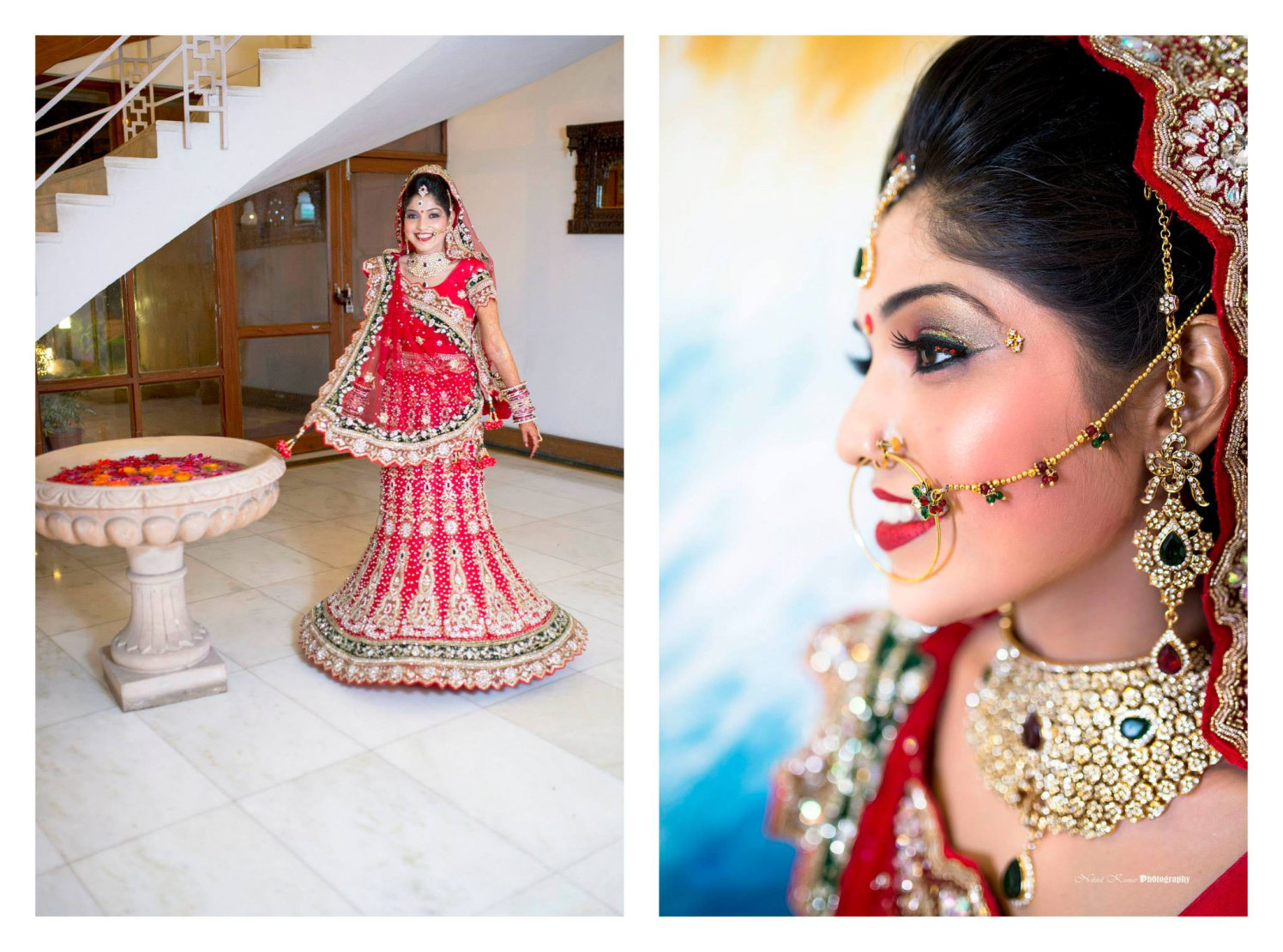 Red And Green Fishtail Lehenga by Nikhil Kumar Wedding-dresses Bridal-jewellery-and-accessories | Weddings Photos & Ideas