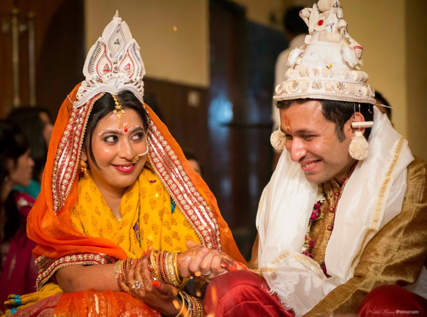 Indian Couple With Ivory Headpiece by Nikhil Kumar Wedding-photography Bridal-jewellery-and-accessories Groom-wear-and-accessories | Weddings Photos & Ideas