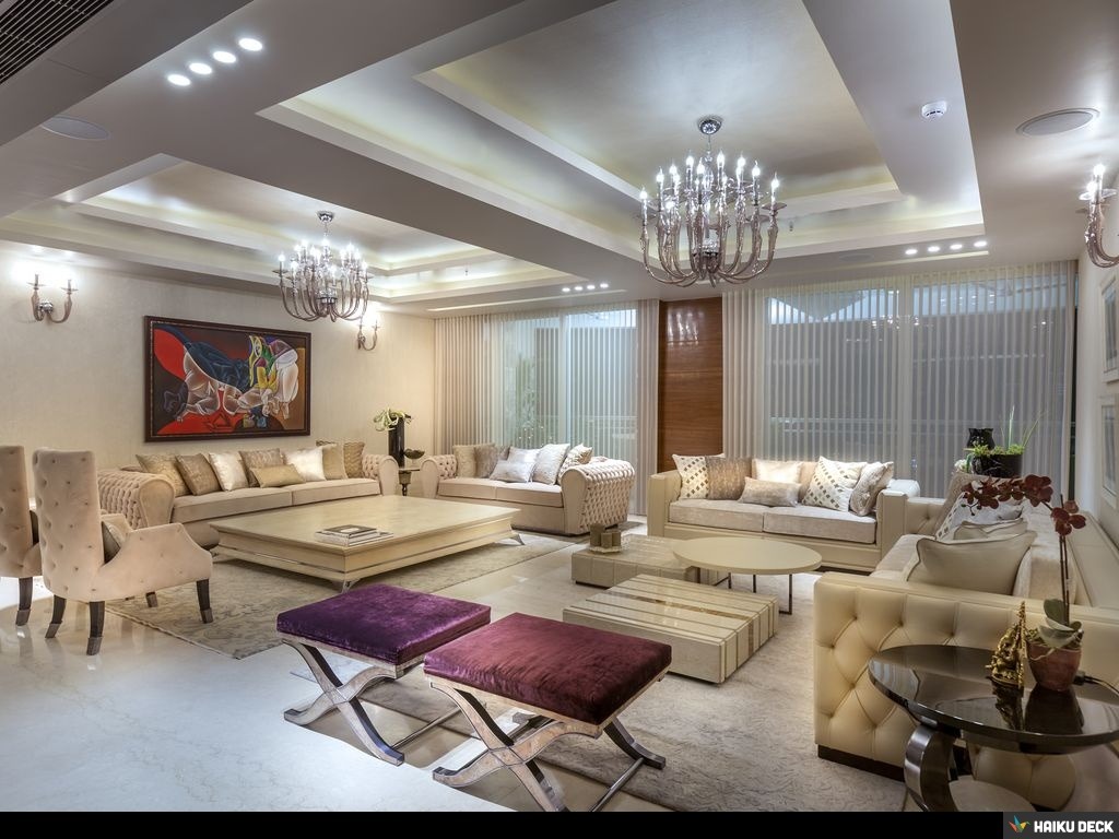 Luxurious Living Room With False Ceiling And A Vintage Chandelier by Vijay Kapur Living-room Contemporary | Interior Design Photos & Ideas