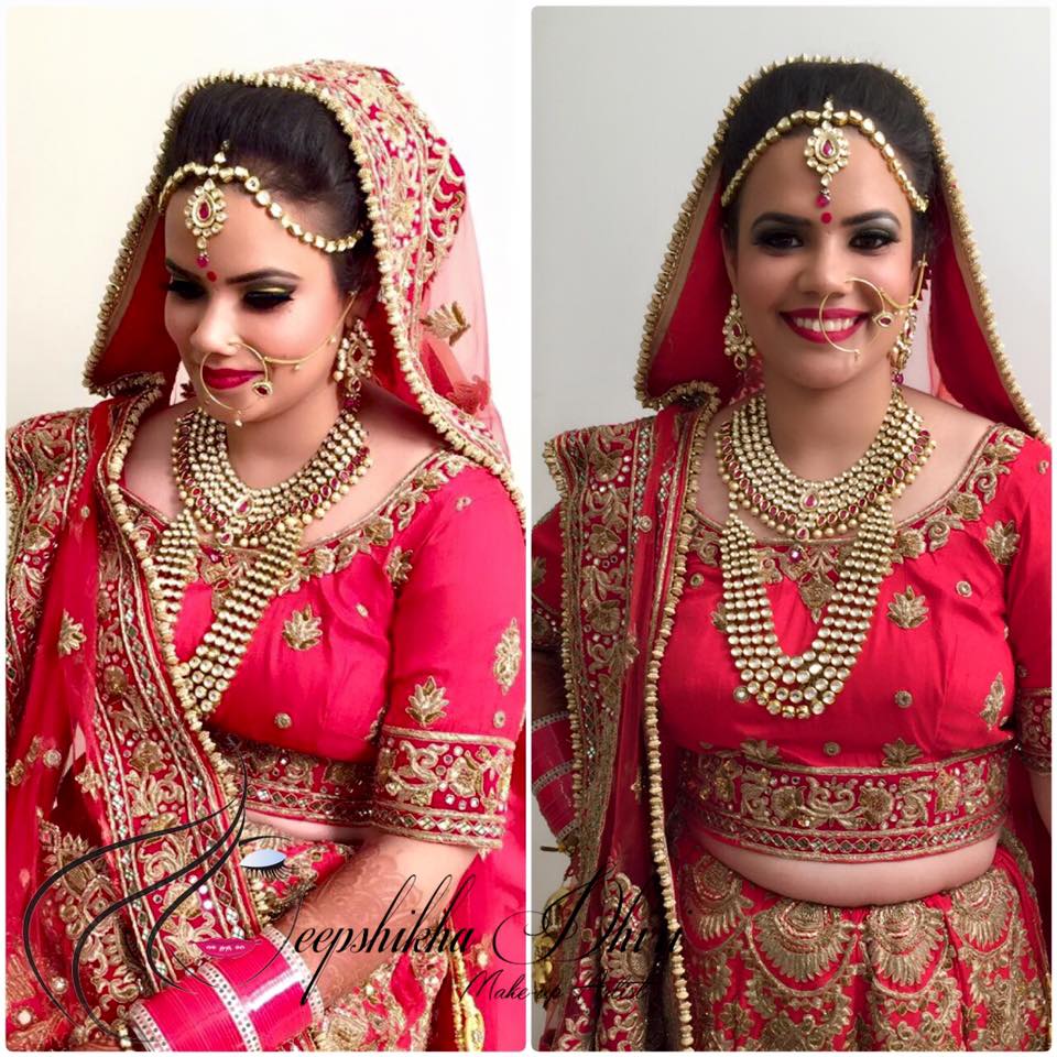 Bride looking exquisite in pink lehenga by Deepshikha Dhiri Bridal-makeup | Weddings Photos & Ideas