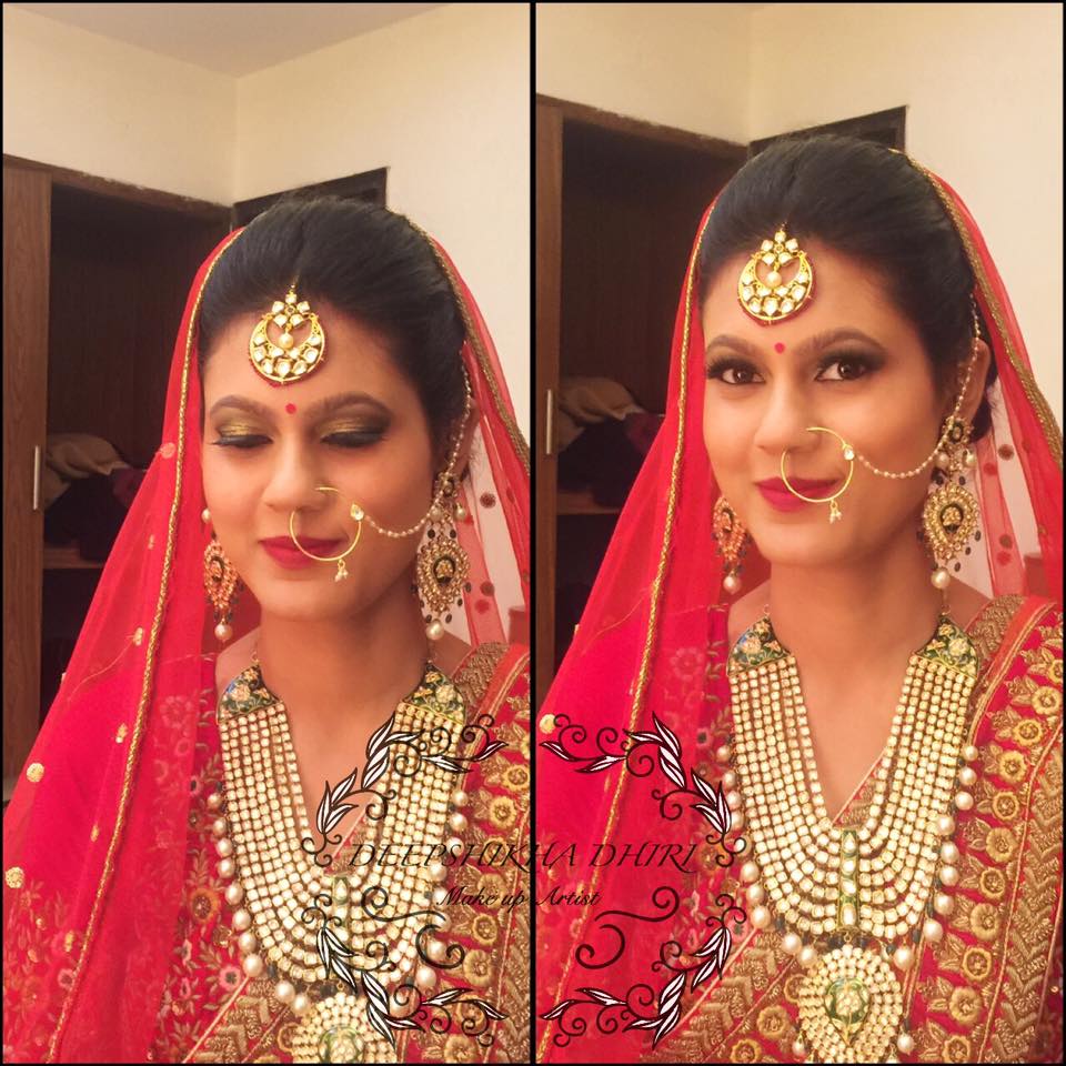 Bride looking pretty in red lehenga by Deepshikha Dhiri Bridal-makeup | Weddings Photos & Ideas