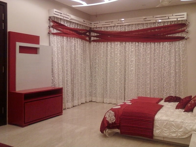 Pale Shade Curtains And Red Shade Interior In Bedroom by Khayati Bedroom Contemporary | Interior Design Photos & Ideas