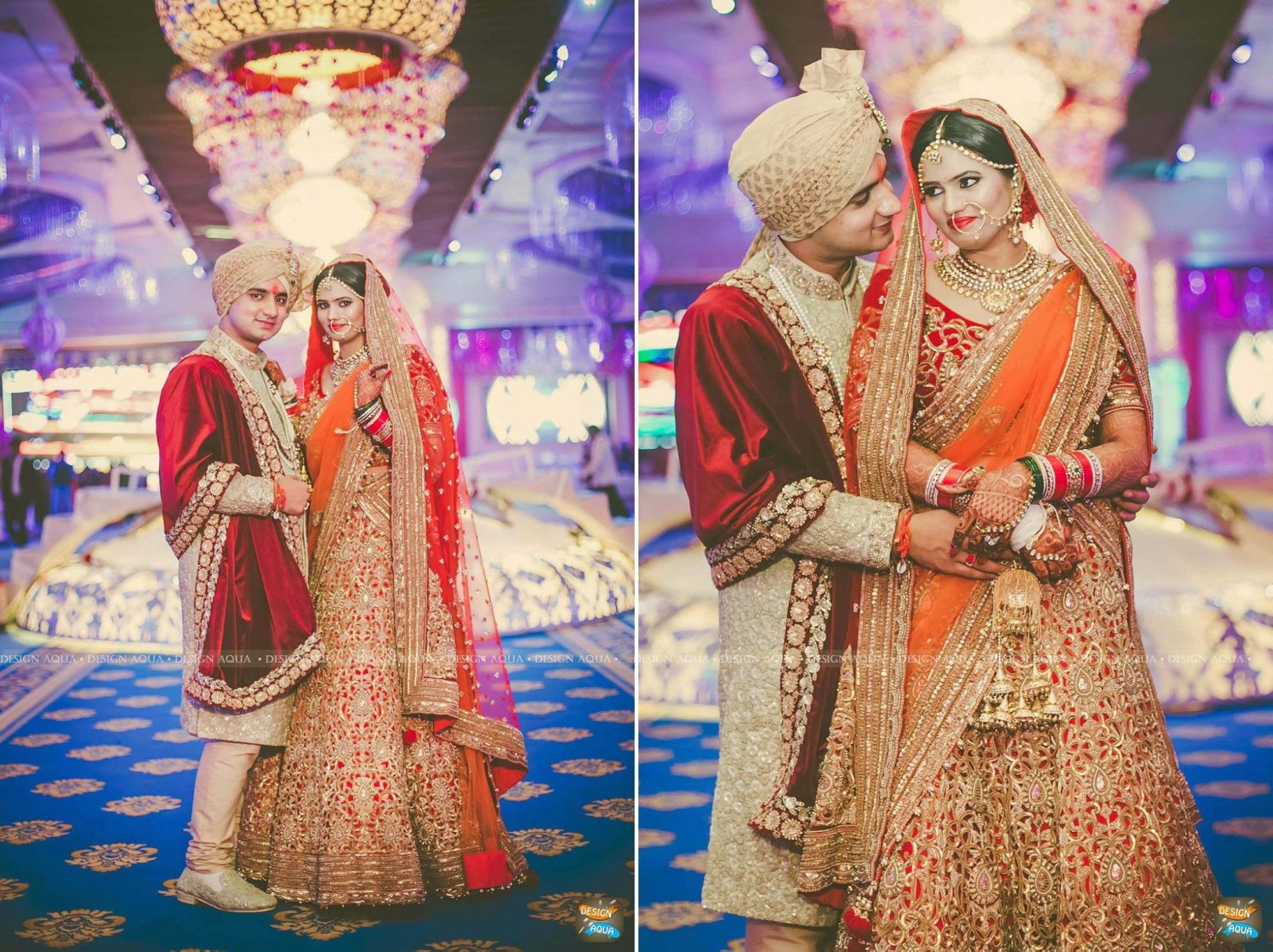 Orange Heavily Embroidered Lehenga Complimenting the Cream Coloured Sherwani of the Groom by Priyanka Kamboj Wedding-photography Wedding-dresses | Weddings Photos & Ideas