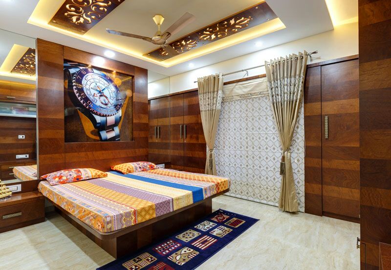 Marble flooring bedroom with wooden wall design by Hemangi Chaudhari-pawar Bedroom Contemporary | Interior Design Photos & Ideas
