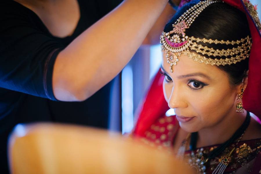 Spectacular Pearl Headpiece Embedded With Magenta Stones by Navdeep Soni Bridal-jewellery-and-accessories | Weddings Photos & Ideas