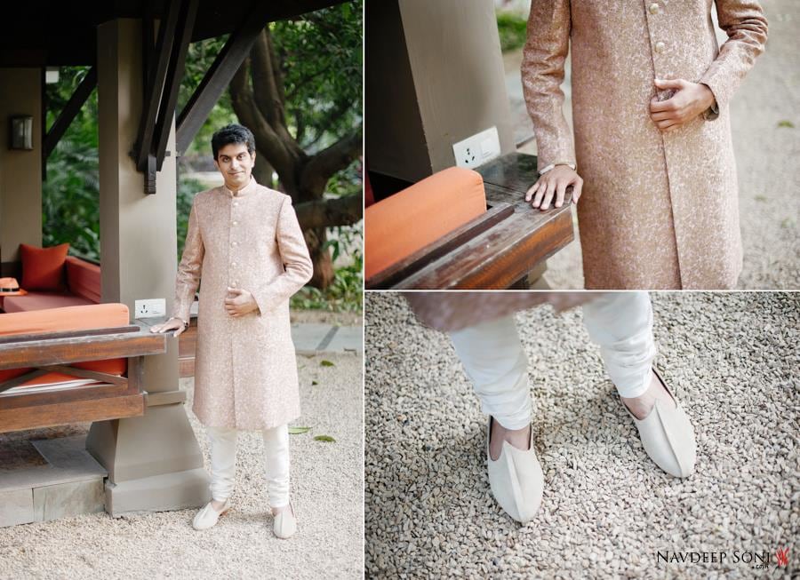 Intricate Golden Sherwani By Sabyasachi, Teamed With A Cream Chudidar . by Navdeep Soni Wedding-photography Groom-wear-and-accessories | Weddings Photos & Ideas