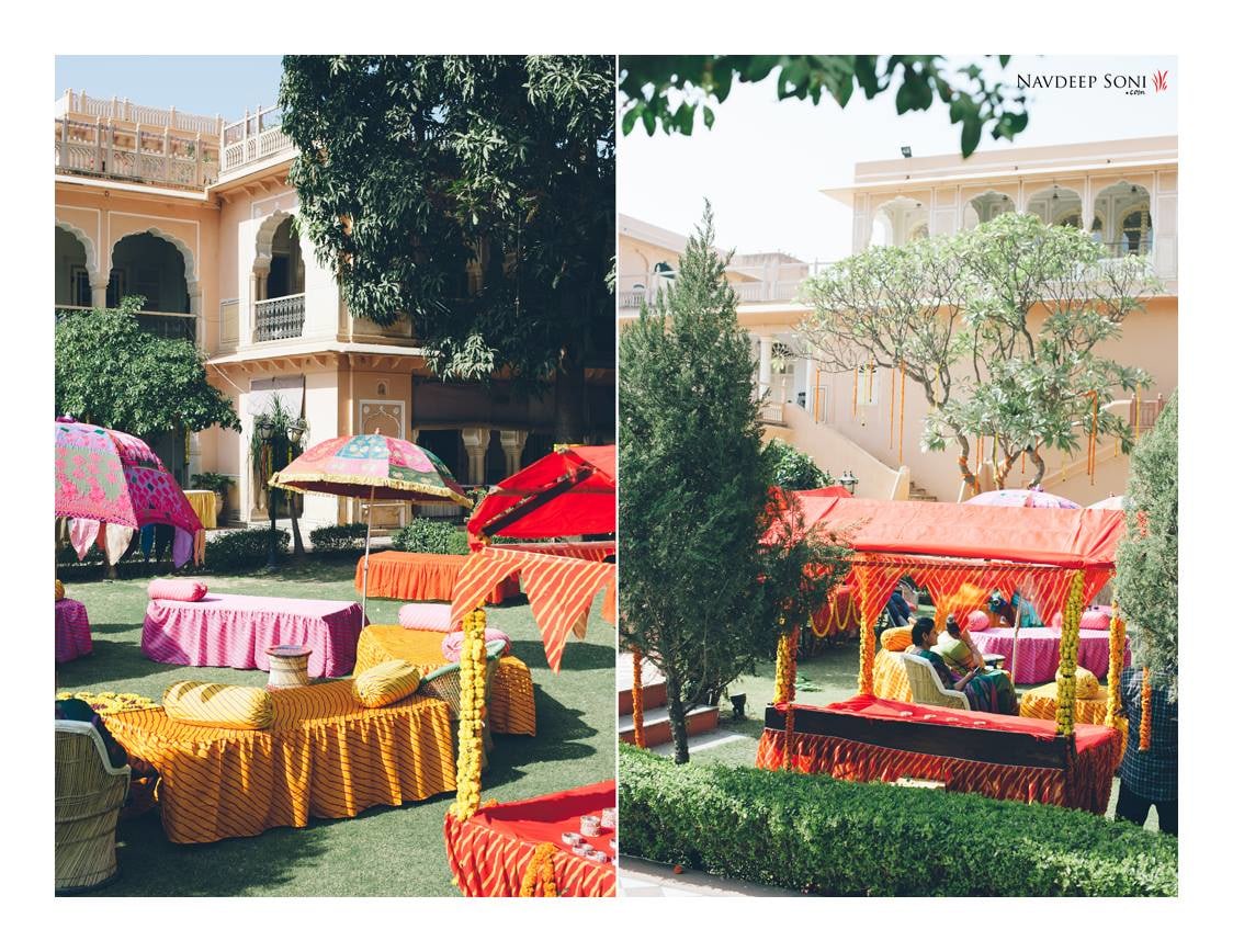 Rajasthani Style Decoration Including Colorful Umbrellas And Divan Beds In A Palace Location by Navdeep Soni Wedding-photography | Weddings Photos & Ideas