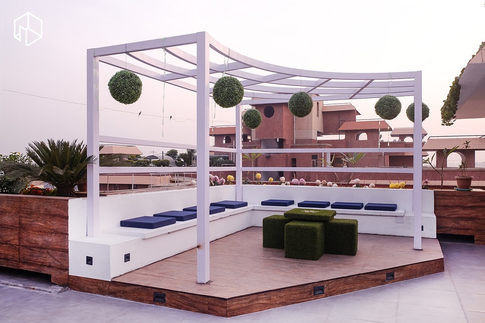 Spacious Terrace Space With White Canopy Structure and White Bench by Manoj Rai Open-spaces Contemporary | Interior Design Photos & Ideas