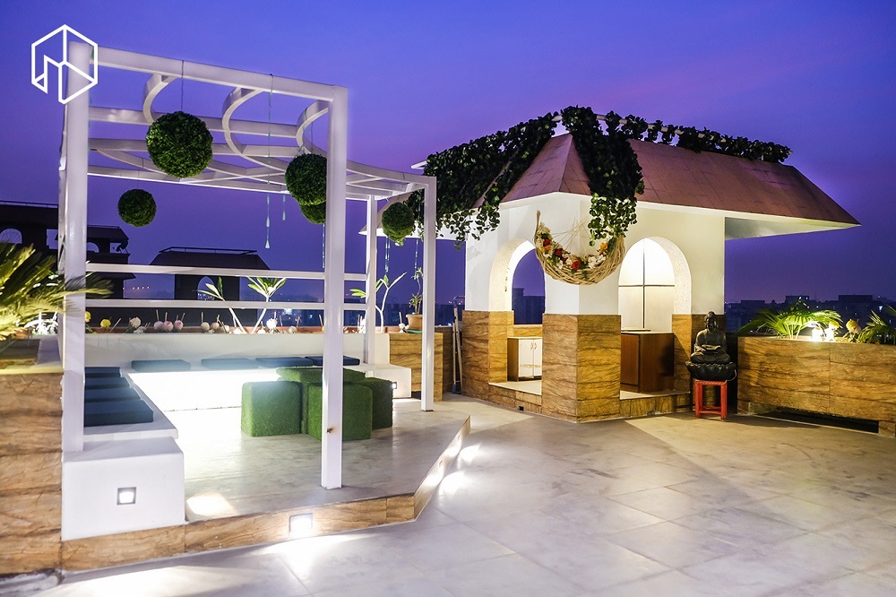 Well-Lit Terrace Space With White Canopy Structure and Hut-Shaped Area by Manoj Rai Open-spaces Contemporary | Interior Design Photos & Ideas