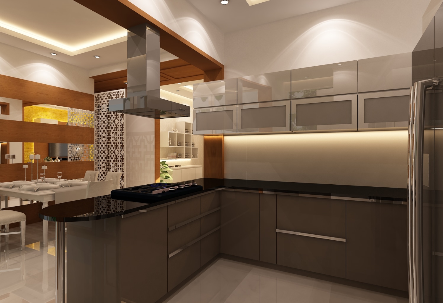 L shaped Modular Kitchen with Grey Cabinets and Black ...