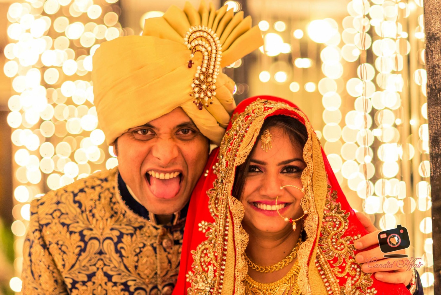 Quirky Bride And Groom Wedding Day Portrait by Candid Affair Wedding-photography Groom-wear-and-accessories Bridal-jewellery-and-accessories Bridal-makeup | Weddings Photos & Ideas