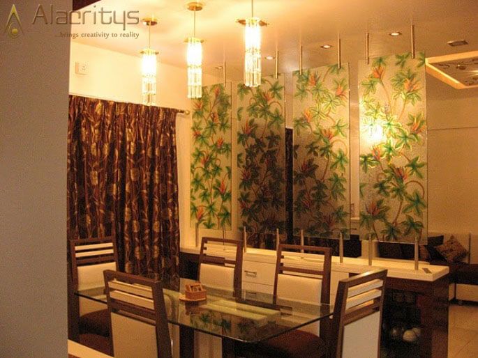 Dining Space with Floral Designed Glass Panels by Trupti Ladda Dining-room Contemporary | Interior Design Photos & Ideas