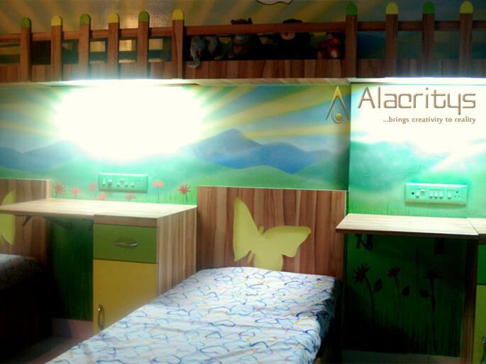Kids Bedroom with Colorful Wall and Single bed With Wood Finish by Trupti Ladda Bedroom Modern | Interior Design Photos & Ideas