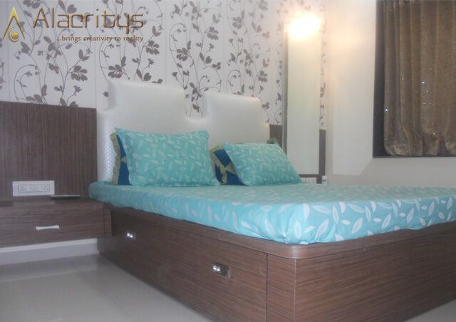 Queen Size Bed with Built in Wooden cabinets and Floral Designed Wall by Trupti Ladda Bedroom Minimalistic | Interior Design Photos & Ideas