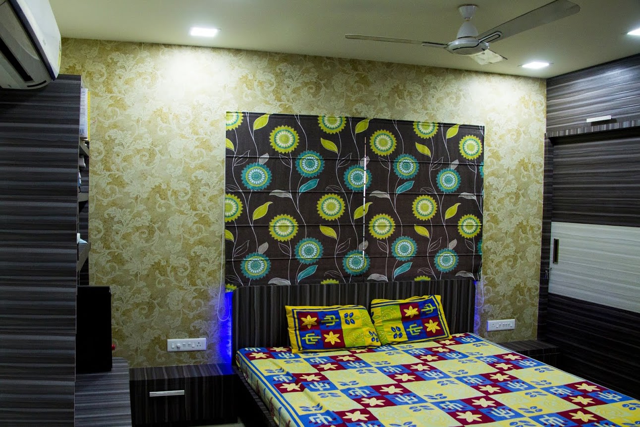 master bedroom with Floral Designed Wall and Queen Size Bed by Trupti Ladda Bedroom Contemporary | Interior Design Photos & Ideas