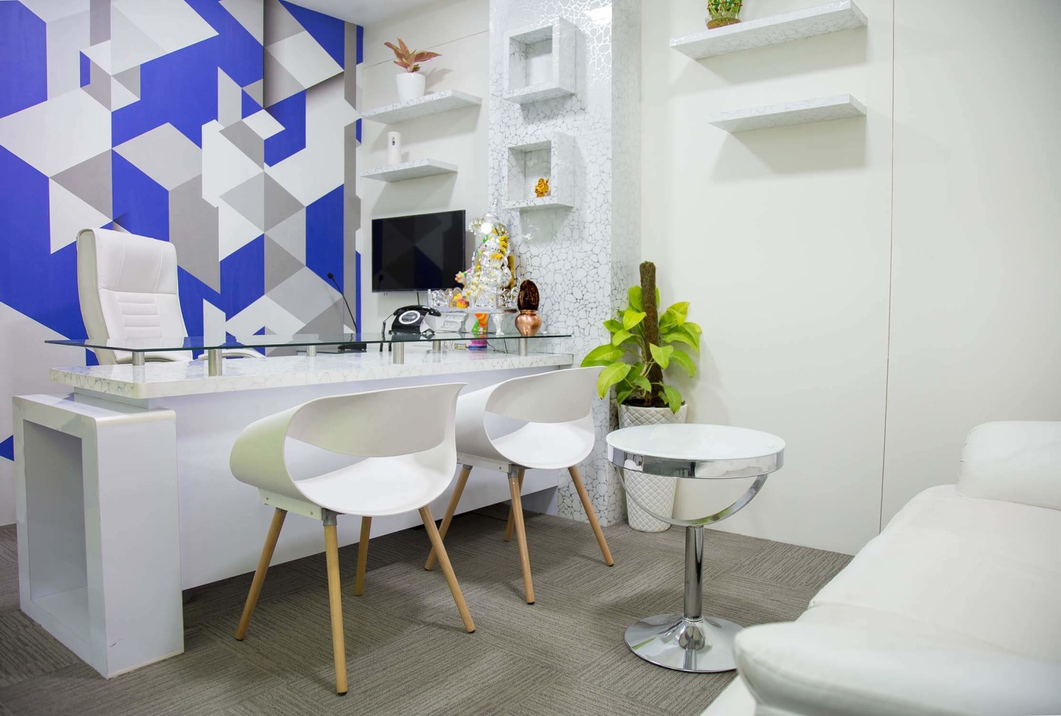 White Themed Office Space with Glass Top Desk and White Chairs by Trupti Ladda Contemporary | Interior Design Photos & Ideas