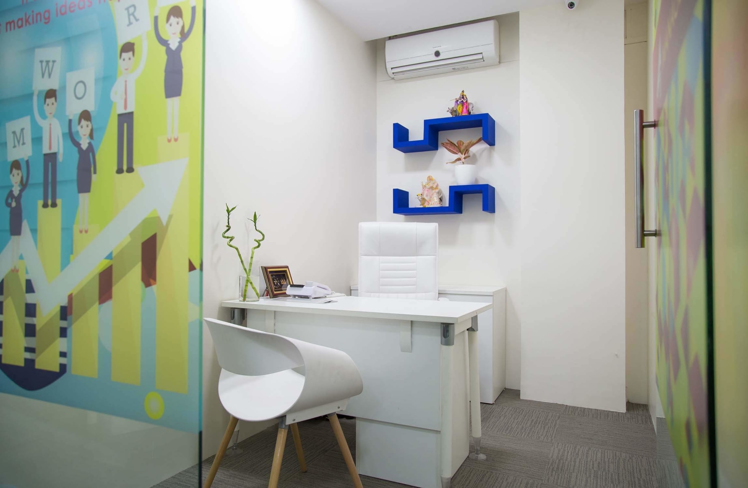 Office Cabin with White Table and Chair with Blue Wall Display Unit by Trupti Ladda Contemporary | Interior Design Photos & Ideas