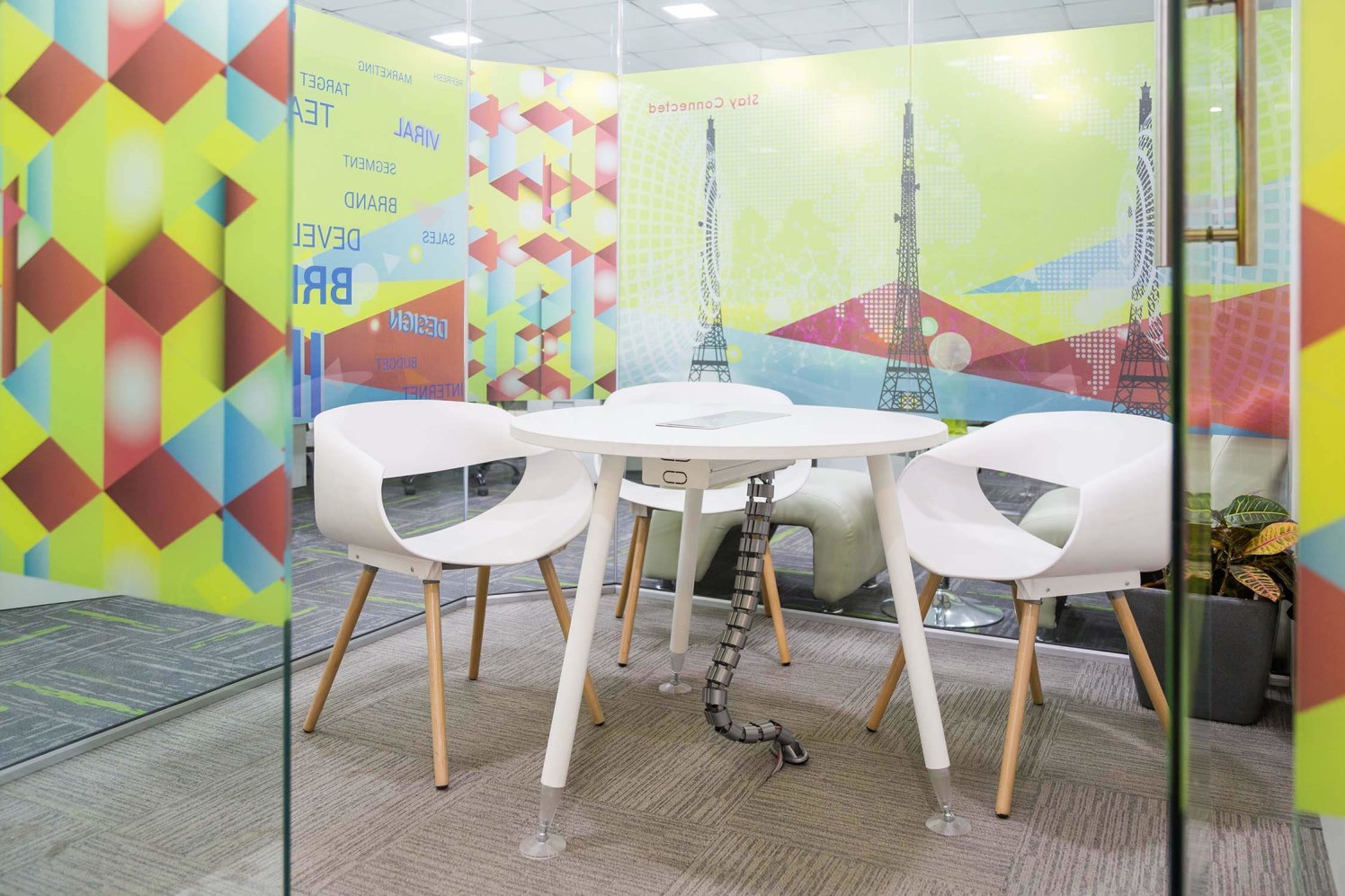 Compact Office Cabin with White Chairs and Circular Table by Trupti Ladda Contemporary | Interior Design Photos & Ideas