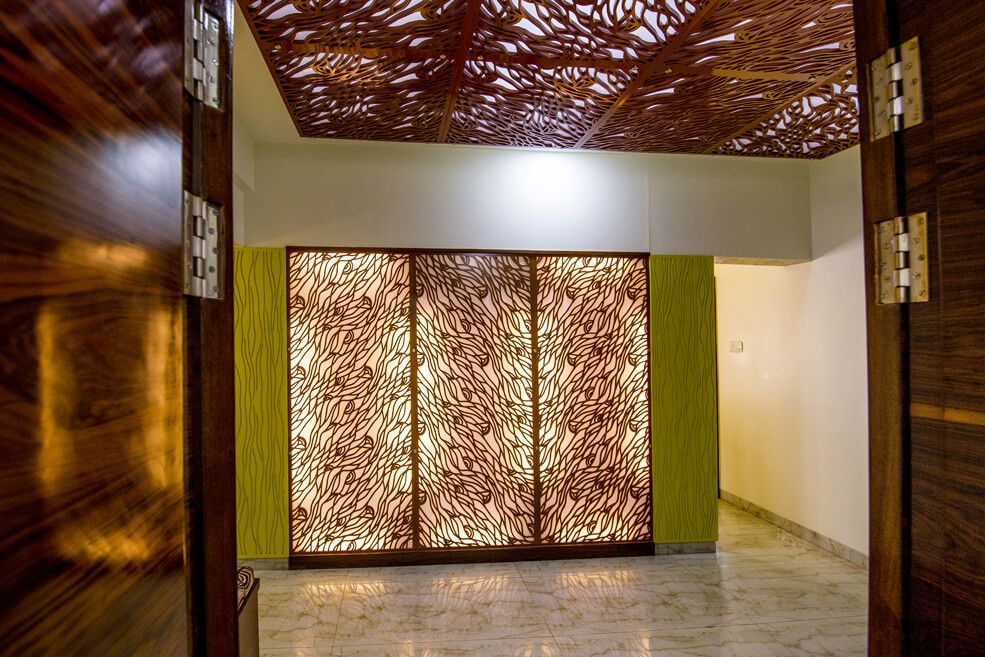 Wood Designed Wall and Ceiling with Back Light by Trupti Ladda Indoor-spaces Contemporary | Interior Design Photos & Ideas