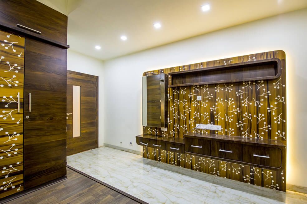 Wooden Designed Brown and Yellow Display Unit by Trupti Ladda Bedroom Contemporary | Interior Design Photos & Ideas