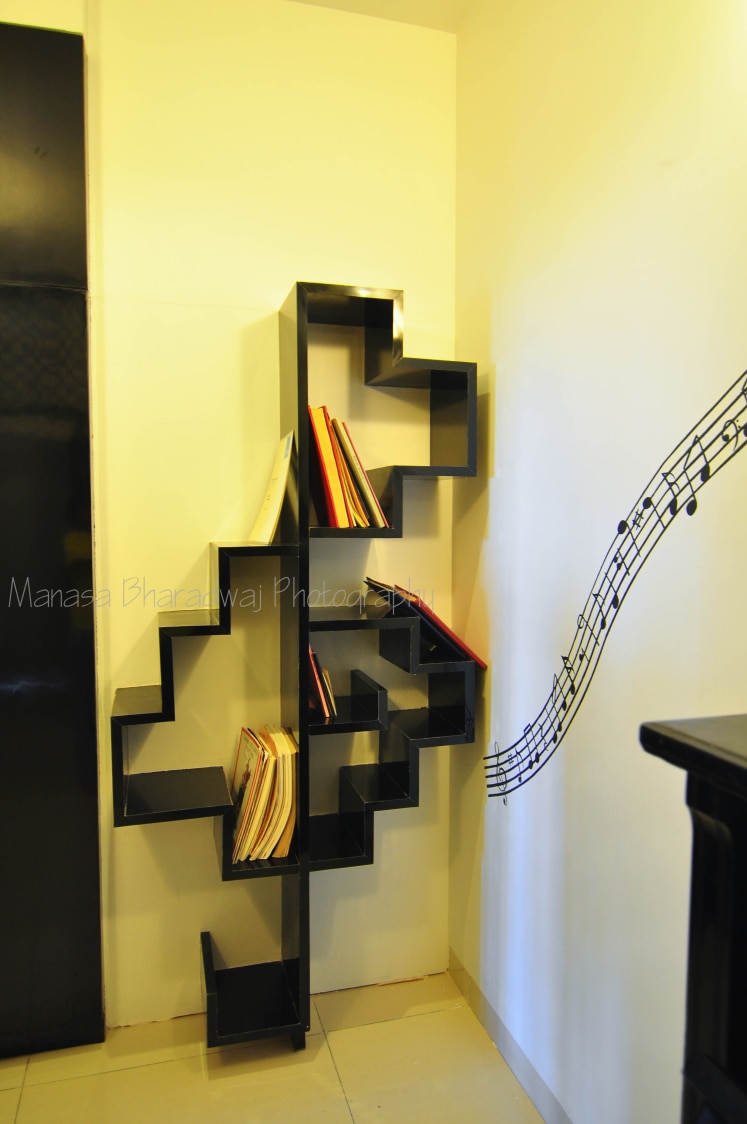 Black Wooden Shelf with Wall Art by Manasa Bharadwaj Living-room Modern | Interior Design Photos & Ideas