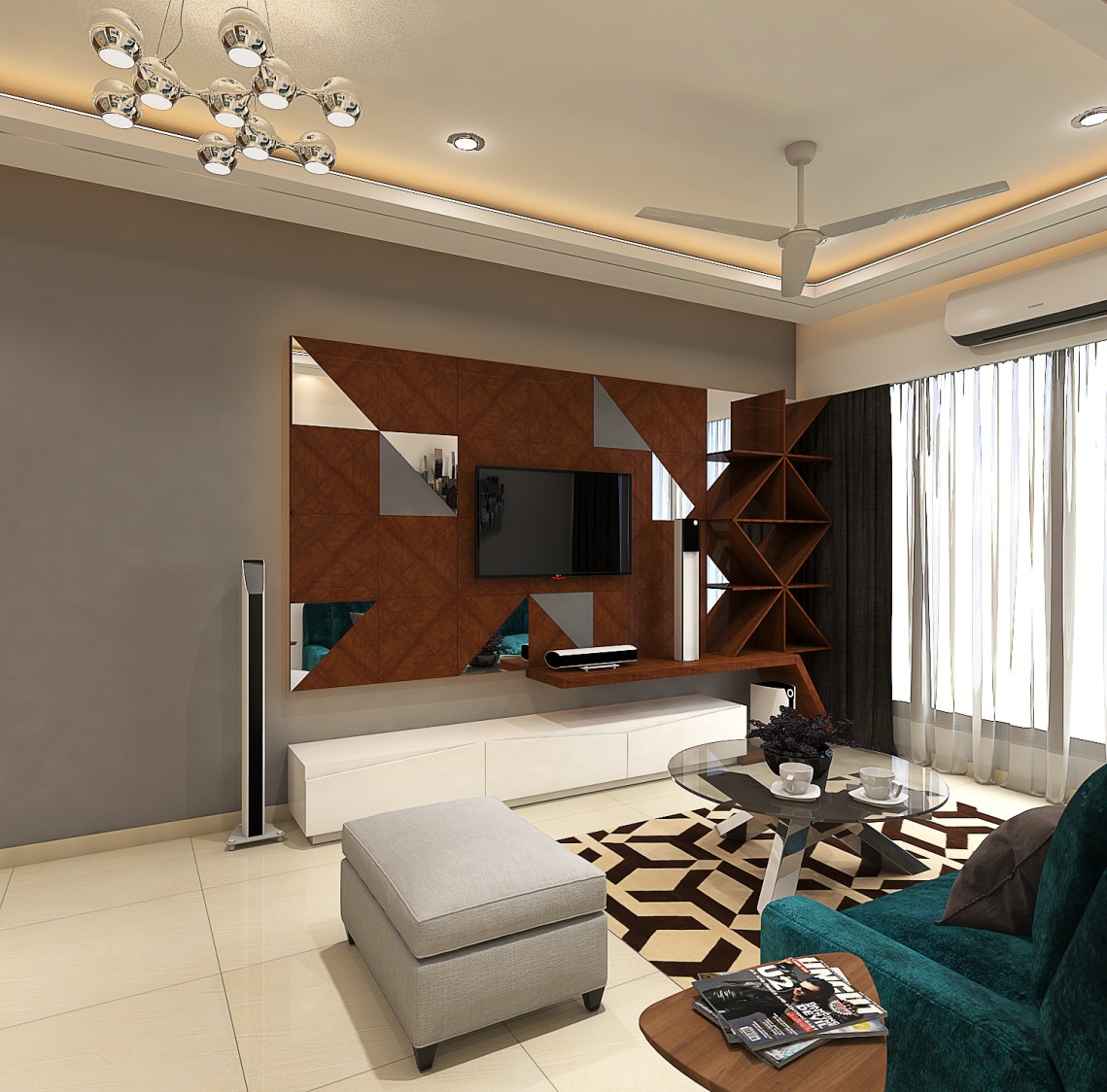 Tv unit in living room area with modern display unit by Nidhi Rathod