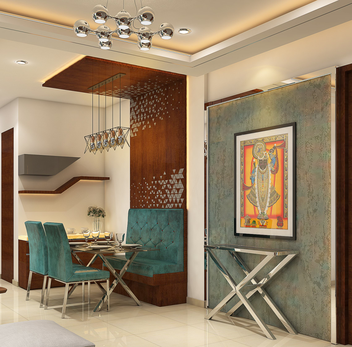 Dinning space with modern velvet furniture and wall decor by Nidhi Rathod Dining-room Contemporary | Interior Design Photos & Ideas