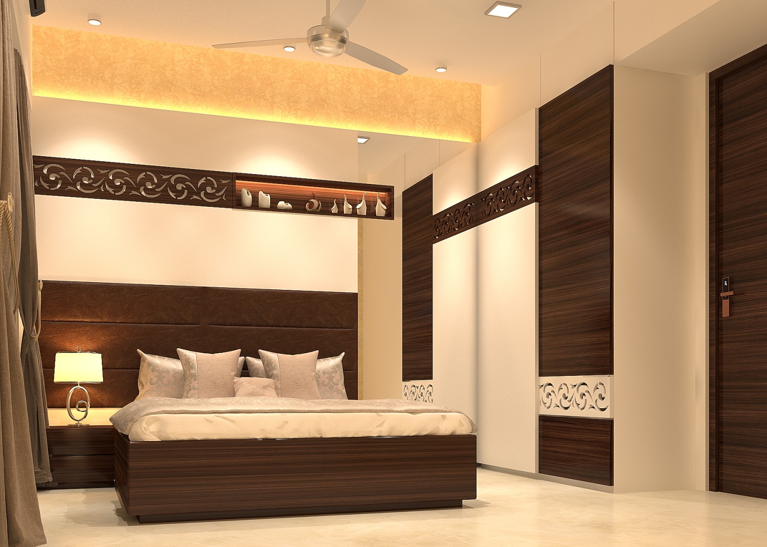 Bedroom with false ceiling and wardrobe with abstract wall color by Nidhi Rathod Bedroom Contemporary | Interior Design Photos & Ideas