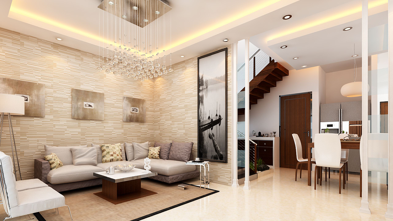Living Room with lavishing white color and false ceiling with grey sofa and pattern cushions by Ram PJ Living-room Modern | Interior Design Photos & Ideas