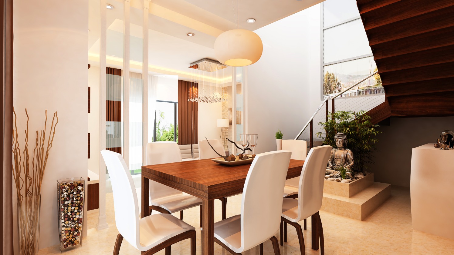 Dining Hall with wooden table and white chairs by Ram PJ Dining-room Contemporary | Interior Design Photos & Ideas
